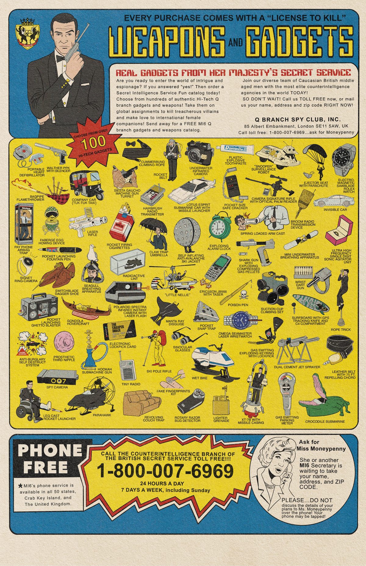 James Bond Weapons and Gadgets illustrated print with movie guide by Adam Cherry — 11x17